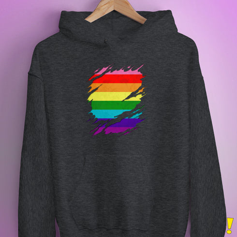 Original Gilbert Baker LGBTQ Gay Pride Flag Ripped Reveal Hoodie - Dark Grey Heather
